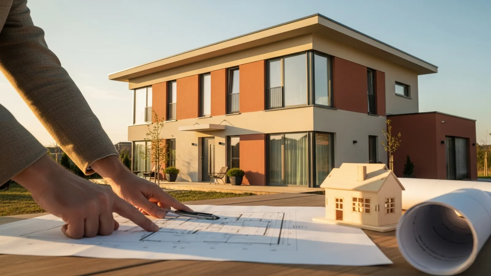 Fertighaus mit Flachdach und Fensterfronten – Symbol für die Kostenplanung rund um die Baugenehmigung