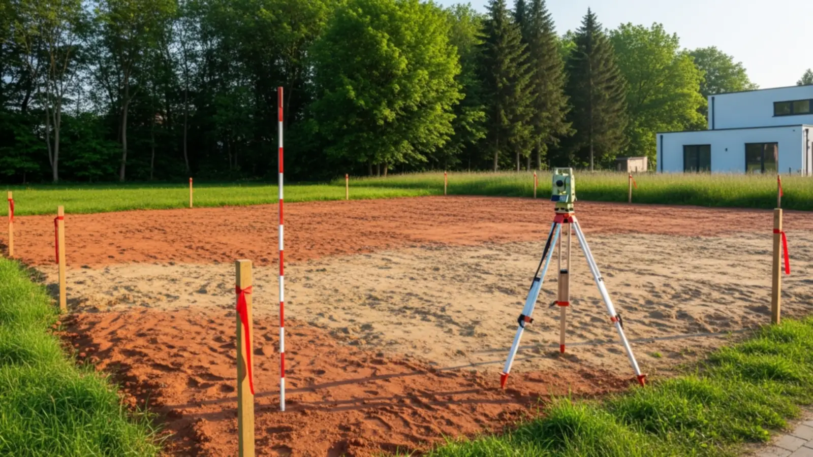Baureifes Grundstück mit Vermessungspflöcken – Grundlage für die Gesamtkosten eines Fertighauses