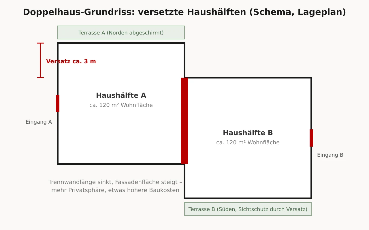 Lageplan-Schema eines Doppelhauses mit versetzten Haushälften, verkürzter Trennwand und getrennten Terrassen