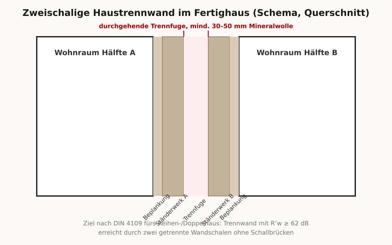 Querschnitt-Schema einer zweischaligen Haustrennwand im Fertighaus mit getrennten Ständerwerken und Trennfuge nach DIN 4109